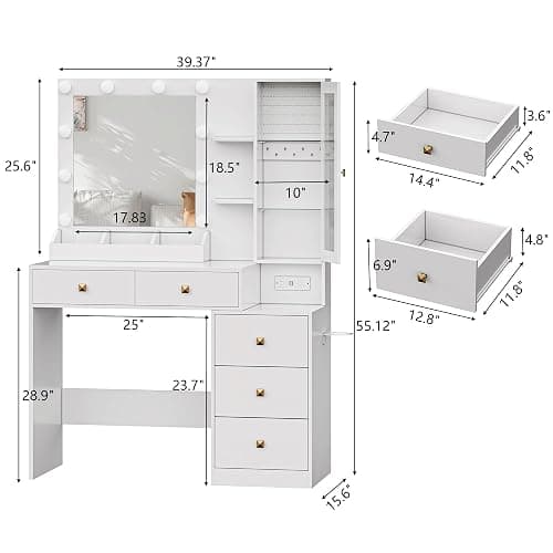 HUANLEGO Vanity Desk with Mirror and Lights, White Makeup Vanity Mirror with Lights Desk with 5 Drawers, Jewelry Organizer& LED Glass Cabinet, 3 Light Mode Dressing Table Set for Girls, Women thumbnail 2
