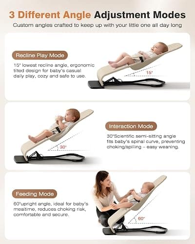 Feeplas Baby Bouncer, Bouncer Seat for Babies 0-12 Months, Ergonomic Rocking Chair with Detachable Hanging Bar, 3-Height Adjustments, Foldable & Portable Infant Rocker, Machine Washable Fabric, Beige thumbnail 3
