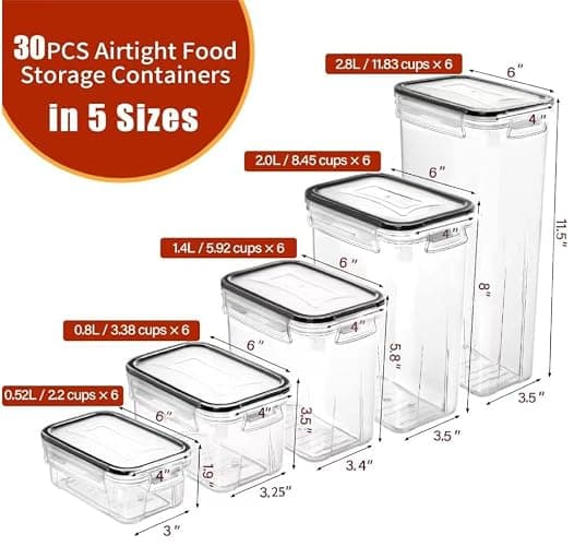 PRAKI 30 Pack Airtight Food Storage Containers for Kitchen Pantry Organizers and Storage, BPA-Free, Plastic Storage Canisters with Lids-Cereal, Flour and Sugar, Include 40 Labels, 6 Spoon & Marker | Plastic Cereal Storage Containers for Flour, Sugar, Dry Food Storage, Include 40 Labels, 6 Spoon & Marker, Black thumbnail 2
