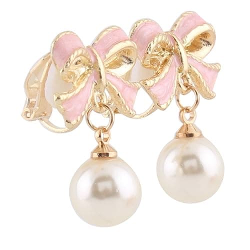 GRACE JUN Pink Bowknot Shape Clip on Earrings Without Piercing for Women Pearl Drop Earrings(Pink Bowknot Clip-ons) thumbnail 4