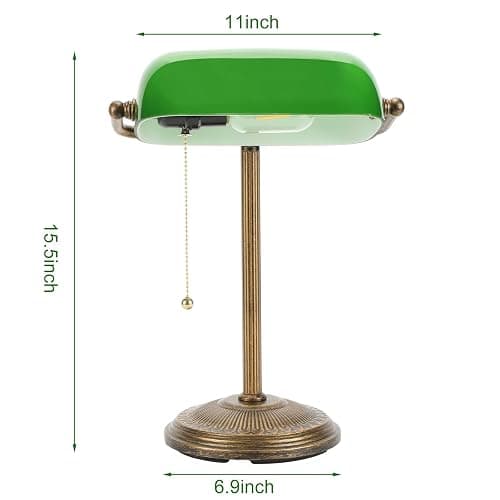 NISSAFORS Bankers Desk Lamp, Green Glass Shade, Vintage Desk Lamp with Pull Chain Switch, Retro Table Lamps for Home Office(Retro Gold+Green, Small) thumbnail 5