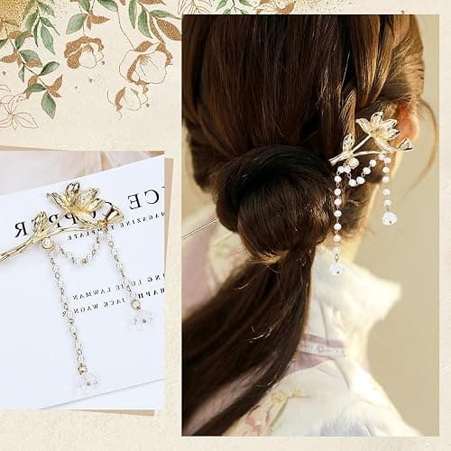 Lawie 10 Pack Retro Gold Metal Long Hair Sticks Pins with Pearl Jade Dangles Tassels Pendants Chinese Hanfu Asian Flower Butterfly Hair Chopsticks Hair Picks Bun Forks Holders Hairpins for Women Girls thumbnail 5