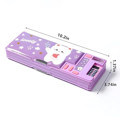 LilyBeauty Multifunction Pencil Case with Calculator, Pencil Sharpener and Curriculum, Multiple Cute Patterns, Suitable for Elementary School Girls, Boys, Great Gifts for Kids (Purple) thumbnail 5
