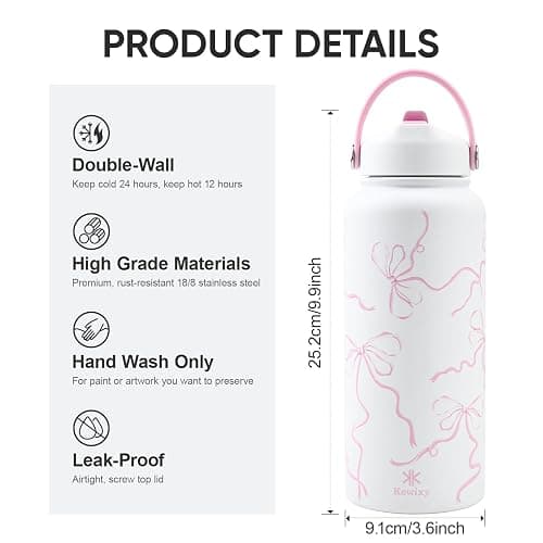 32 oz Insulated Water Bottle with Straw, Bow Water Bottle Stainless Steel with Flip Straw and Handle, Leak Proof, Metal, Reusable, Wide Mouth, for Travel, Gym and School (Breeze Pink Bow) thumbnail 3