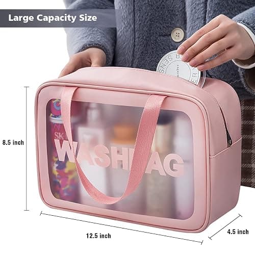 DAPOWER Travel Toiletry Bag for Women, Matte Translucent Toiletry Bag with Handy Handle, Makeup Cosmetic Organizer Bag for Travel Toiletries Accessories (Pink) thumbnail 2