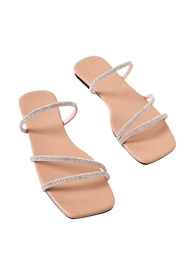 GORGLITTER Women's Rhinestone Flat Sandals Strappy Slip on Open Toe Slide Sandals | Rhinestone, Strappy, Open Toe, Slip on thumbnail 6