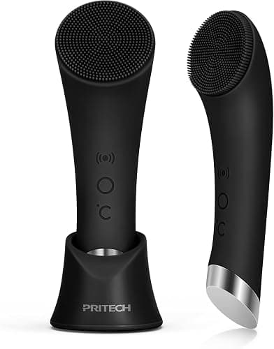 PRITECH Facial Cleansing Brush, Rechargeable Silicone Face Scrubber with Heat Massage End, Vibrating Exfoliator Scrubber for Deep Cleaning, Waterproof Face Brush for Women and Men (Black) - Image 1