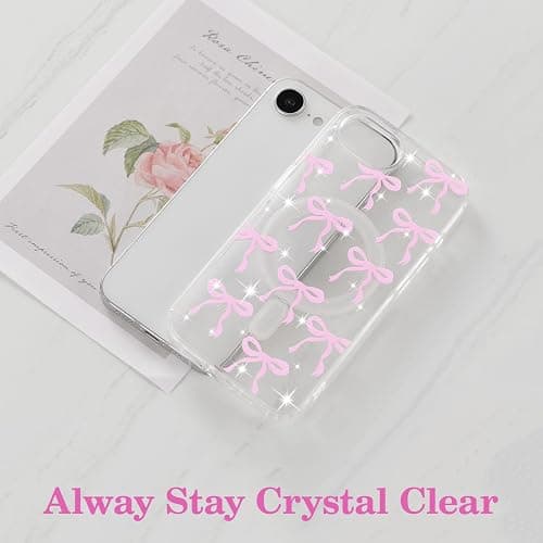 UEEBAI Magnetic for iPhone 17e/iPhone 16e, Glitter Bow Case Compatible with MagSafe, Wireless Slim Sparkly Clear Aesthetic Phone Cover Anti-Yellowing Protective Cover for Women Girl - Glitter Pink thumbnail 3