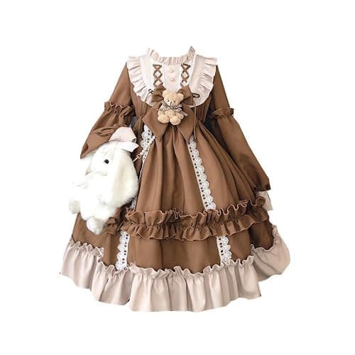 GYATSOCYG Girls Lolita Princess Dress Kawaii Long Sleeve Chiffon Skirt Cute Girl Dress Brown - Image 1