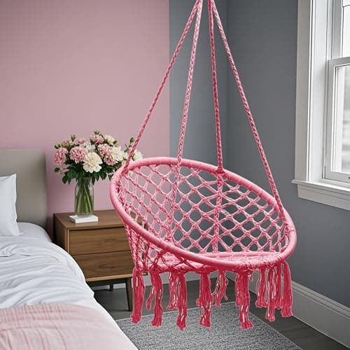 Goutime Hammock Chair, Macrame Hanging Swing Chairs with Hardware Kit,Adult Boho Swings for Outside,Patio,Balcony,Bedroom (Pink (Pillows are not Included)) thumbnail 5