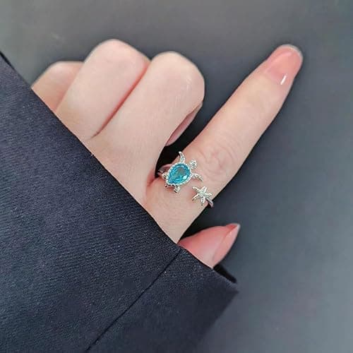 OIDIMS Sea Turtle Starfish Statement Ring Blue Cubic Zirconia Adjustable Open Crystal CZ Animals Pets Nature Ocean Rings Finger Band Eternity Wedding Engagement Cute Jewelry for Women thumbnail 2
