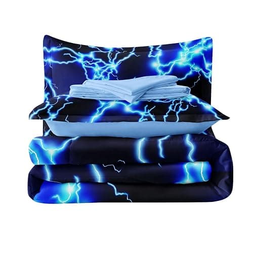 Leaflin Twin Size Bed in A Bag Lightning Bedding Set for Boys Blue Comforter with Sheet Set, 5 Pieces Kids Teen Cool Quilt Bedding Set thumbnail 7