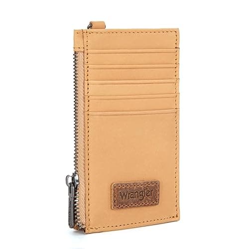 Montana West X Wrangler Real Leather Credit Card Holder for Women - Slim Wallet Keychain RFID Blocking Card Wallet, Small Minimalist Front Pocket Wallet with Zipper Coin Pocket - Leather Tan
