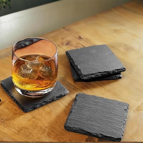 8 Pack 4 inch Round Slate Coasters with Metal Holder,Handmade Natural Rough Edge,with Integral Anti-Skid pad,Laser Engraving Blanks,Stone Coasters thumbnail 5