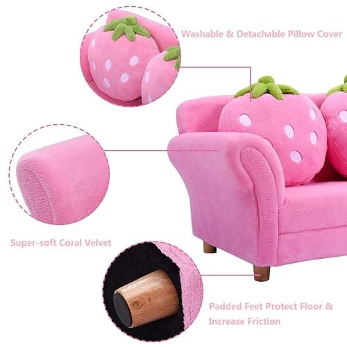 Costzon Kids Couch, Double Seat Pink Children's Sofa with 2 Strawberry Pillows, Toddler Armrest Chair for Bedroom, Living Room, Large Soft for Kids Loveseat Toy for Baby Girls Preschool Gifts Presents thumbnail 4