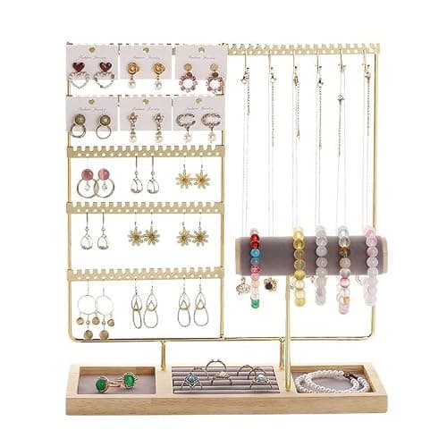 YDEVERLIN Bracelet Display Stand Necklaces Holder, 5 Tiers Jewelry Organizer and Storage Rack with Velvet Slot and Wooden Base, for Women Bangles Watches Ring Earrings (Golden 1) thumbnail 4