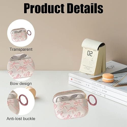 Compatible with AirPods 4 Case Clear Cute Bow Pattern for Girls Women Shockproof Drop Protection Scratch Resistant Case Cover with Keychain, Pink thumbnail 8