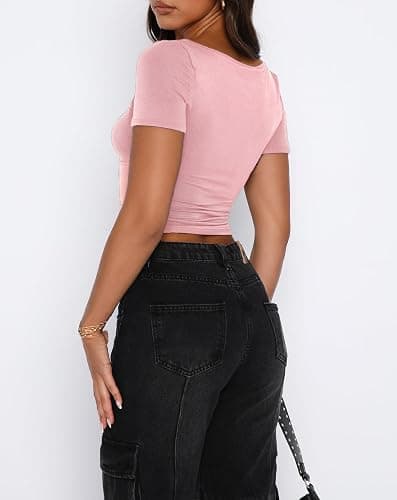 ForeFair Women's Sexy Short Sleeve Going Out Tops Pleated Bustier Shirt Cute Sweetheart Neck Y2K Crop Tee thumbnail 5