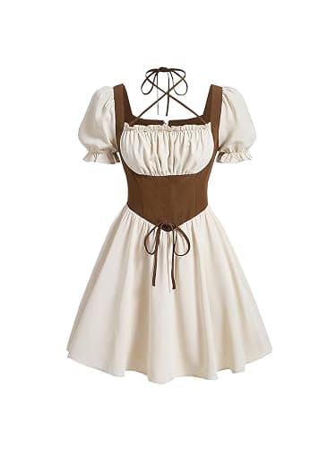 AstralElegance Halterneck Tie At Front, Puff Sleeves, Pleated Chest, Tie Design At Waist Contrast Dress - Image 1