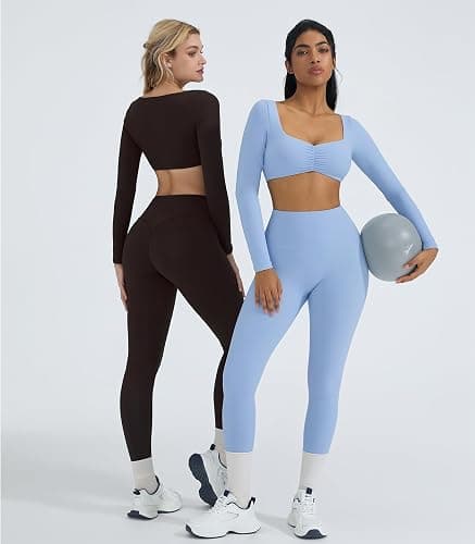 OMKAGI 2 Piece Workout Sets for Women Long Sleeve Padded Sports Bra High Waisted Gym Outfits with Pocket thumbnail 2
