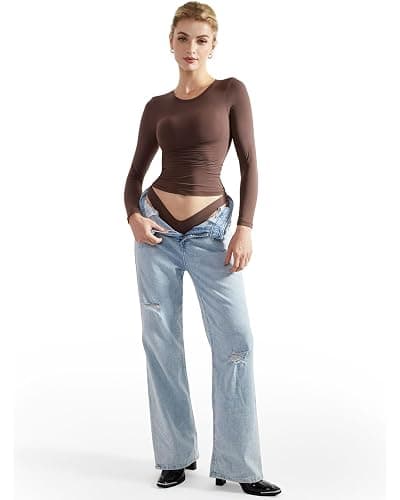 SUUKSESS Women Double Lined Fitted Basic T Shirts Crew Neck Long Sleeve Crop Top thumbnail 5
