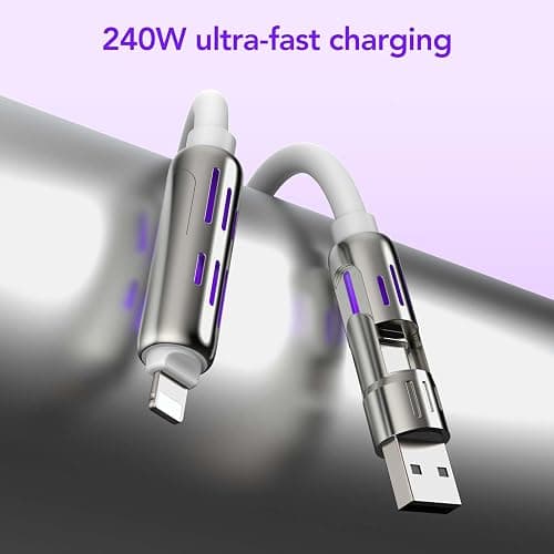 MFish 4-in-1 Universal USB Charging Cable with Carrying Case – 240W Max Fast Charger Cord, USB-A, Dual USB-C & Lighting, for iPhone 14/15/16/17 Series, iPad & MacBook and More (White, 6.6Ft) thumbnail 5