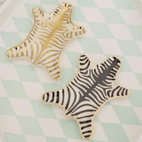 NUYKOUY Zebra Stripe Jewelry Tray Ceramic Dishes Plate Gilded 5.9", Gold thumbnail 3