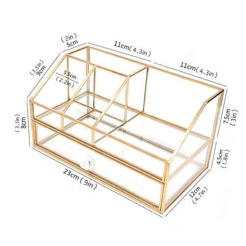 YUEHUA Glass Makeup Organizer, Clear Makeup Brush Organizer Jewelry Display Box, Gold Makeup Nail Polish Lipsticks Eyeliners Holder Organizer for Vanity Bathroom Office thumbnail 3