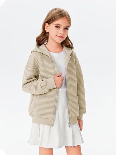 Haloumoning Girls Zip Up Hoodie Kids Fashion Oversized Textured Sweatshirt Jacket with Pockets 5-14 Years thumbnail 3
