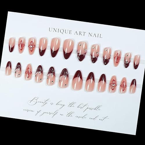 LPOODDNU Red French Tip Press on Nails Almond - Medium Flower Fake Nails with 3D Crystal Diamond Designs, Glossy Finished Reusable False Nails with Glue Tabs - 24Pcs Nail Kit for Women Manicure thumbnail 4