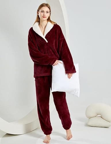 Fenclushy Women's Fluffy Loungewear Sleepwear Lounge Casual Pajamas Sets Loose Long Sleeve Fleece Pullover and Pants Set thumbnail 7