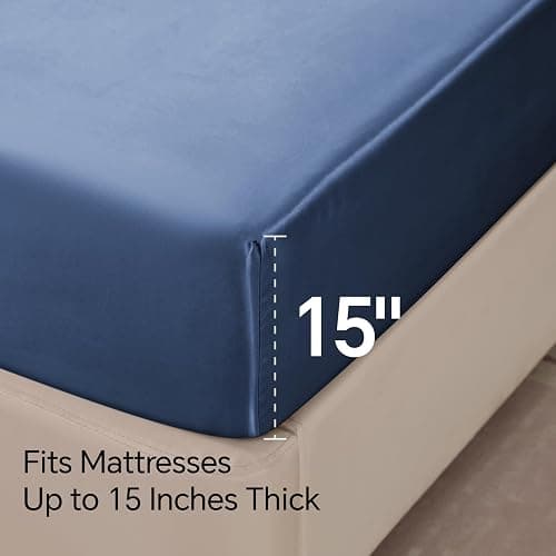 BEDELITE Satin Sheets Queen Size Bed Set, Luxury Soft Navy Silky Sheets for Hair and Skin, Similar to Silk Bed Sheets Set 4 Pieces （1 Deep Pocket Fitted Sheet, 1 Flat Sheet, and 2 Pillowcases） thumbnail 6