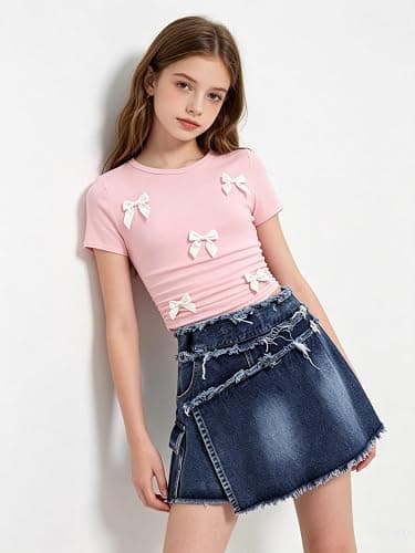 Voxikidio Size 7-13 Years Girls Summer Clothes Bow Short Sleeve T-Shirt and Denim Skirt Shorts Set Outfits for Teen thumbnail 3
