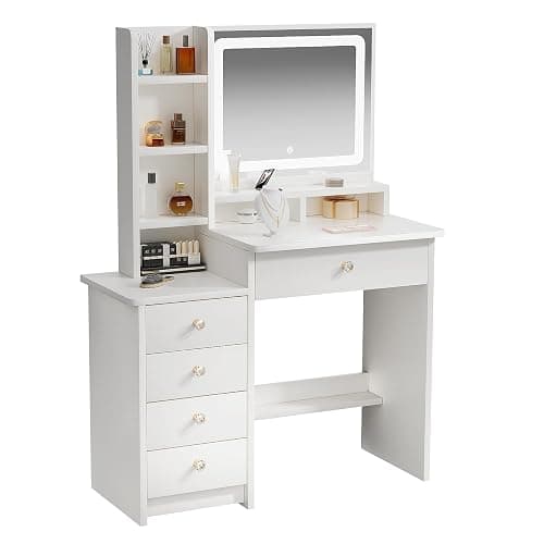 Vanity Desk, Makeup Table with Mirror and Lights, 90cm White Dressing Table, Five Drawers - Image 1