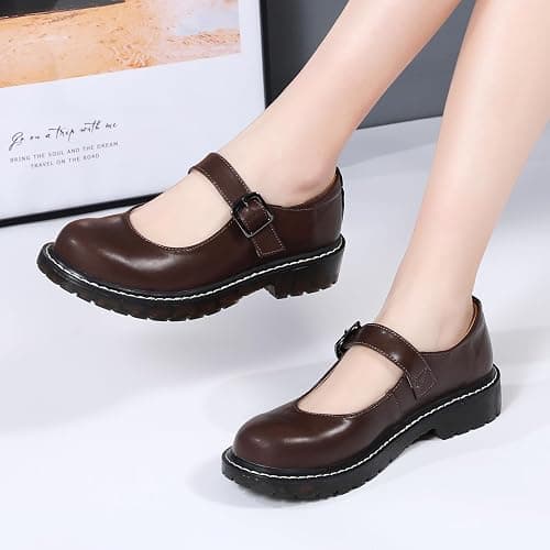 XMM Mary Jane Shoes Women Oxford Shoes Leather Round Toe Flats Non-Slip Ankle Buckle Strap Comfort Casual Dressy Cosplay Party School Work Shoes thumbnail 8