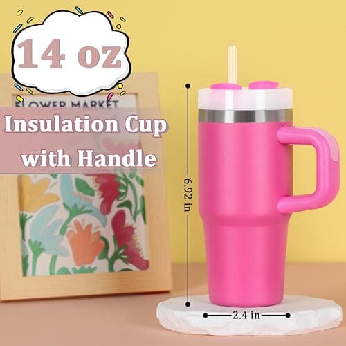 14 Oz Tumbler with Handle and Straw for Kids, Stainless Steel Vacuum Insulated Tumbler Keep Cold Heat and Ice, Gifts for Children Cups (Hot Pink) thumbnail 3