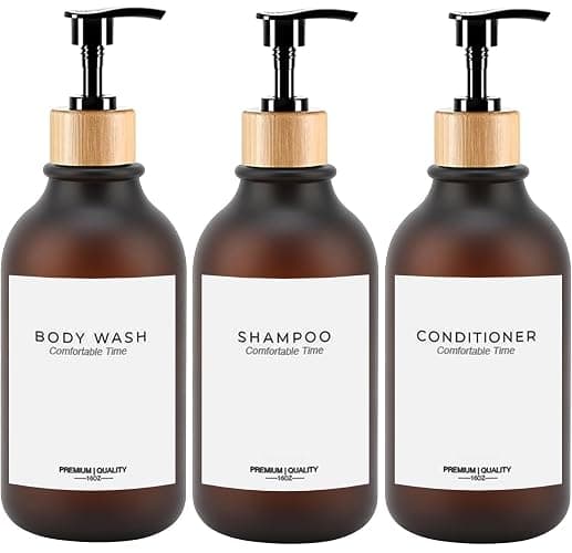 Frosted Heavy Duty Shampoo and Conditioner Bottles, Apothecary Dispenser Bamboo Pump, Refillable Shampoo Bottles for Shampoo Lotion Oil Shower Soap Hand Soap and Dish Soap (Matte Amber) - Image 1