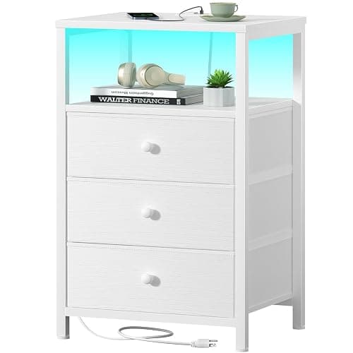 BOLUO White Night Stand with 3 Fabric Drawers, Nightstand with Charging Station LED Nightstand for Bedroom, Bedside Table with USB Ports and Outlets Modern - Image 1