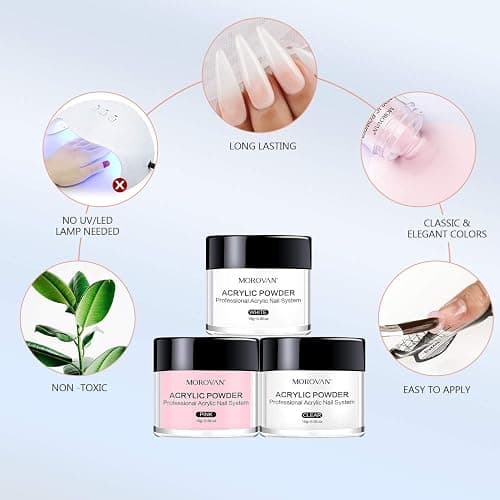 Morovan Acrylic Nail Kit: Clear Pink White Powder and Professional Liquid Set for Nail Extension - DIY at Home With Brush for Beginners | Clear, Pink, White, Powder, Nail Extension, DIY at Home, With Brush thumbnail 4
