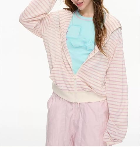MANGMAO Striped Cute Hoodies Teen Girls Y2k Cutecore Sweater Kawaii Lightweight Zip Up Hoodie Fairy Grunge Clothes thumbnail 6