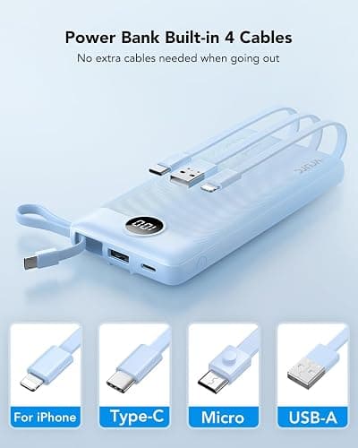 VRURC 10000mAh Power Bank With Built in Cables,USB C Battery Pack Portable Charger with 5 Outputs 2 Inputs Powerbank LED Display compatible with iPhone 14 13 12 Samsung S21 S20 Xiaomi iPad thumbnail 2