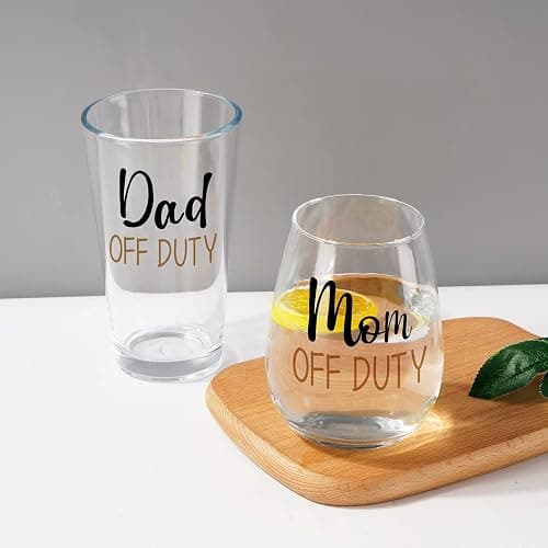 Futtumy Dad and Mom Gift Set, Dad & Mom off Duty Beer Glass and Stemless Wine Glass Combo for Daddy Mom New Parents, Funny Gift for Father’s Day Mother’s Day Christmas Birthday Daily Use Baby Shower thumbnail 4