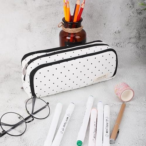 KyeeaDIY Large Pencil Case, Big Capacity Makeup Bag with Zipper for Adults Office Organizer Gifts (Black Spot) thumbnail 7