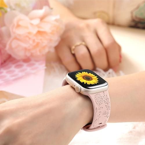 SNBLK 6 Pack Floral Engraved Bands Compatible with Apple Watch Bands for Women & Men, Soft Silicone Cute Flower Pattern Sport Strap for iWatch Series 1-10, Ultra, SE thumbnail 6