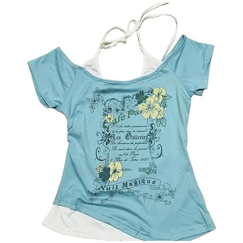 Baby Tee Y2k Women Grunge Top Emo 2000s Vintage Fake Two Piece Short Sleeve T Shirt Crop Tops Teens thumbnail 4
