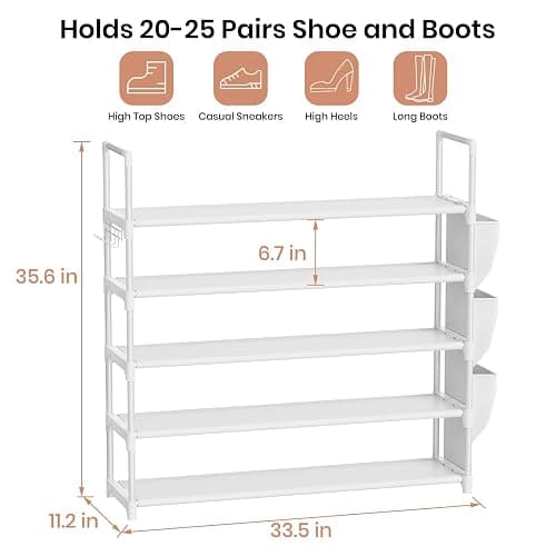 VILICK Shoe Rack for Closet Shoe Organizer Space Saver Storage for 20-25 Pair Shoe Shelf with Hook and Side Pocket Free Standing 5 Tier Shoe Rack Organizer for Entryway,Small Spaces, White thumbnail 3