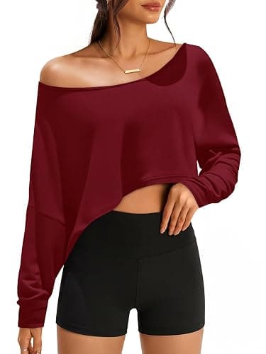 Women’s Off the Shoulder Crop Tops Long Batwing Sleeve Boat Neck Shirts | Loose Fit, Workout Basic Tees, Solid Color, Soft Comfortable, Oversized, Y2K, 2026 Fall Trendy, Stretchy, Sexy, Lightweight - Image 1