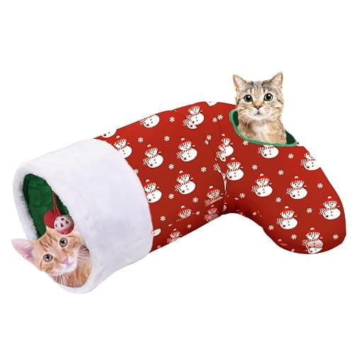 Pawaboo Cat Tunnel Christmas Sock with Bell Balls, Upgraded 2 Way Cat Tunnel Interactive Toy, Pet Xmas Stocking with Crinkle Paper & Strong Spring-Steel Frame for Cat Kitten Kitty, Red Snowman - Image 1