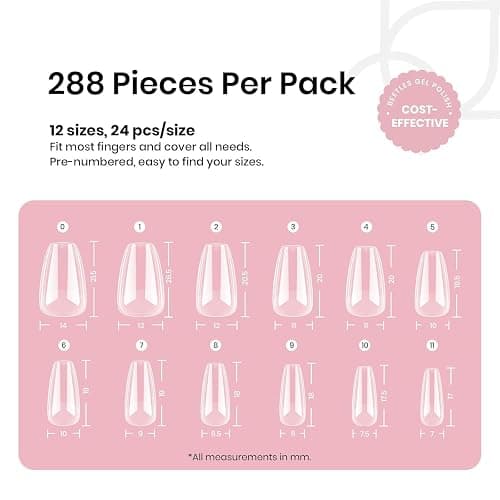 Beetles Gel Nail Tips Short Coffin Pre-Etched Nail Tips, 12 Sizes 288 Pcs Full Cover Soft Tips Half Matte False Nails Clear Acrylic Press on Nails Extension DIY Manicure Gifts for Women thumbnail 3