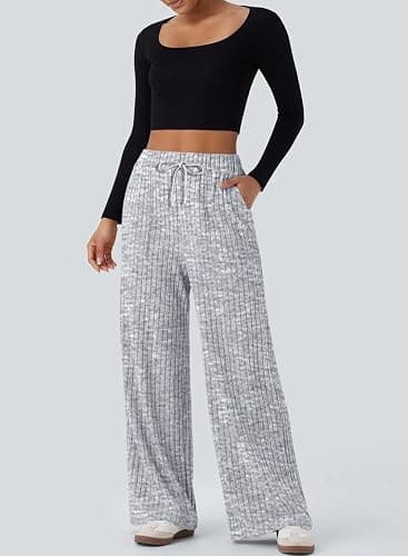 Aleumdr Womens Ribbed Wide Leg Lounge Pants with Pockets Casual Relaxed Comfy Loose Soft Knit Pajama Pants with Drawstring thumbnail 9